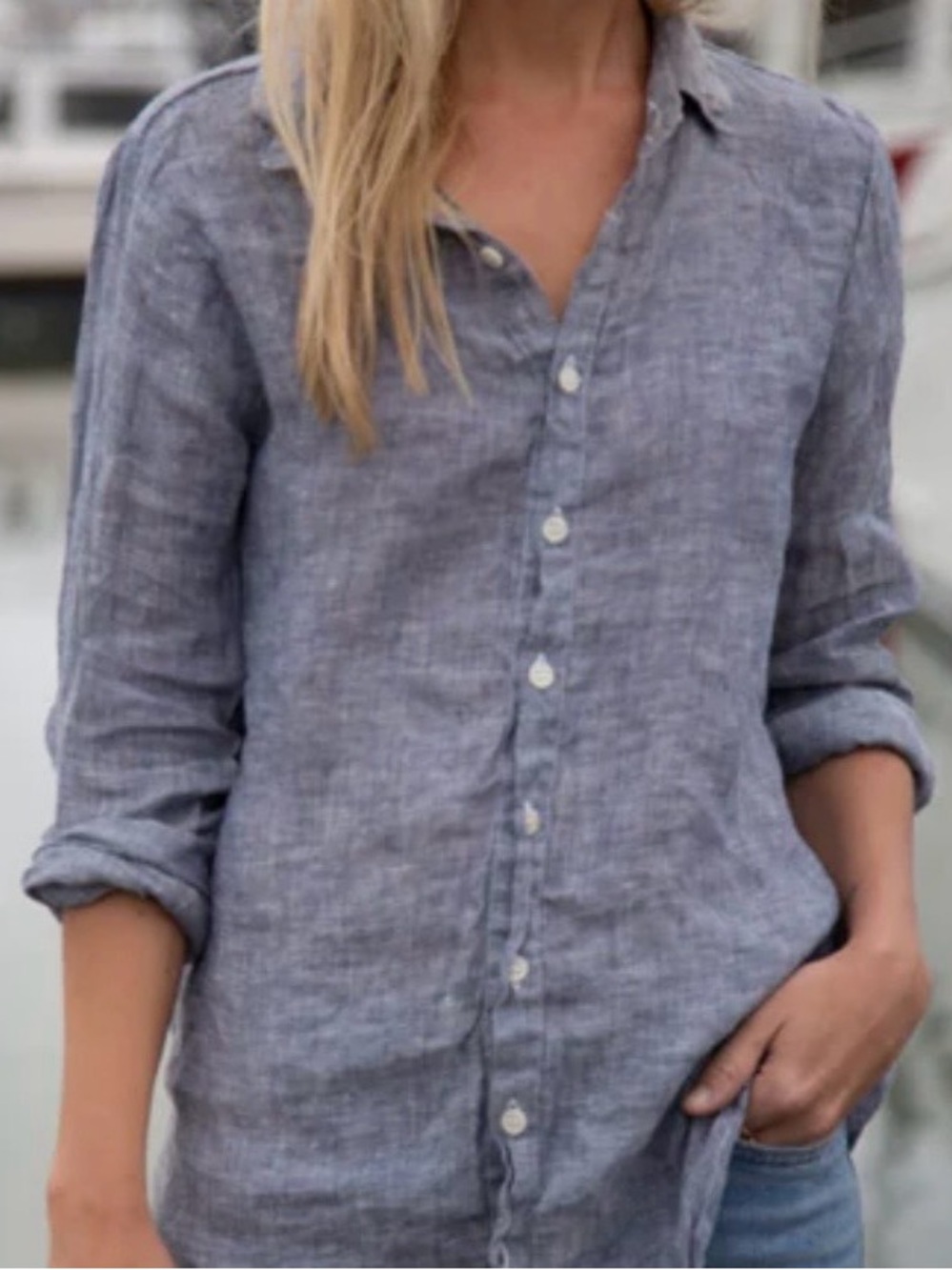 CP Shades Chambray Linen Cecelia Tunic Top M Lagenlook Quiet Luxury Blue Beach